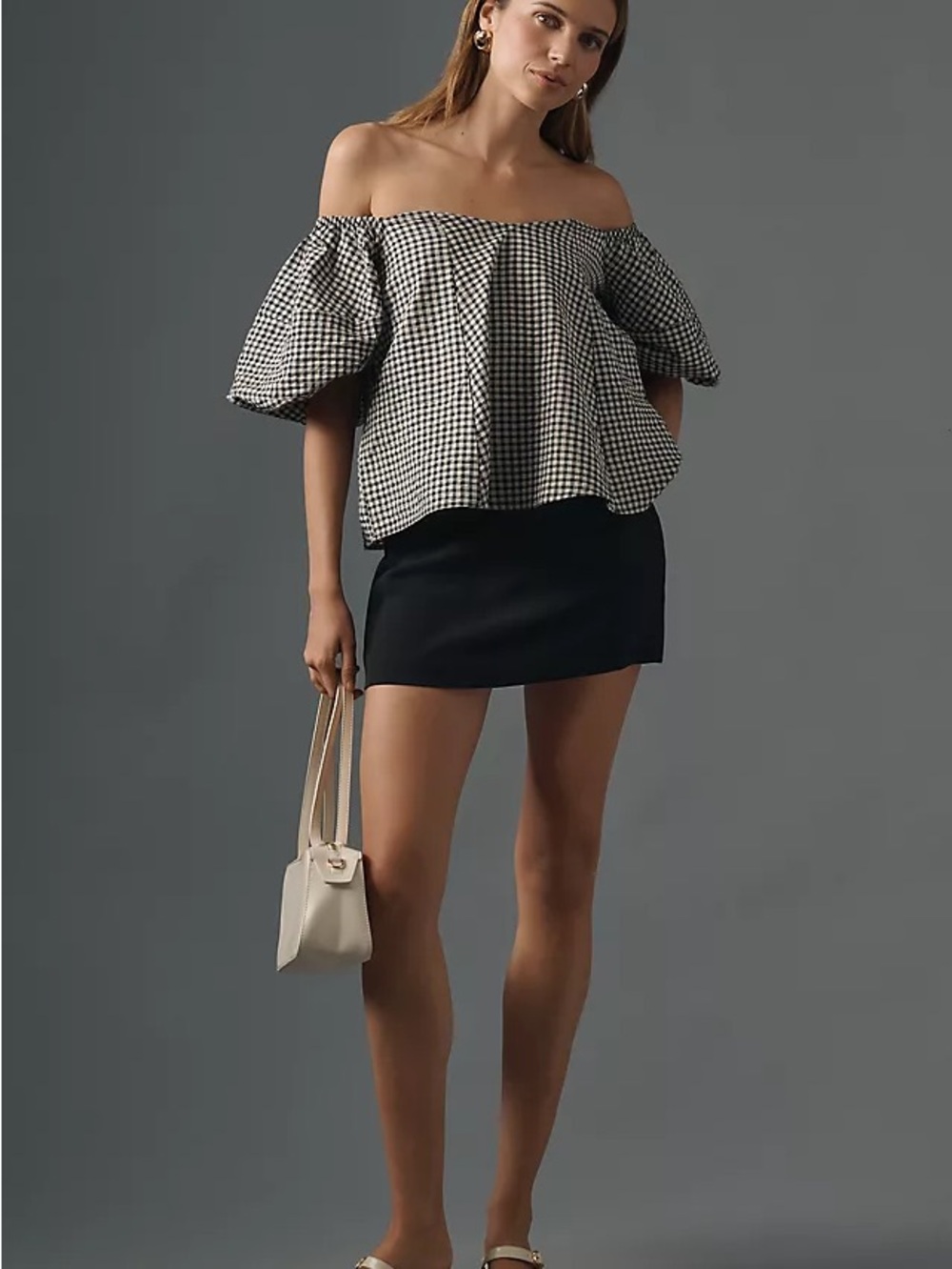 Maeve Black & White Gingham Puff Sleeve Top